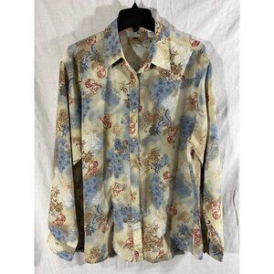 Wrangler Women's XL Long Sleeve Cream Blue Floral Bronco Snap Button Blouse